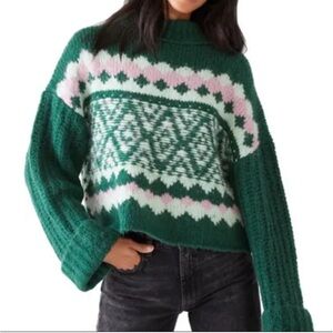Free People Alpine Green and Pink Geometric Sweater XS ~ NWT